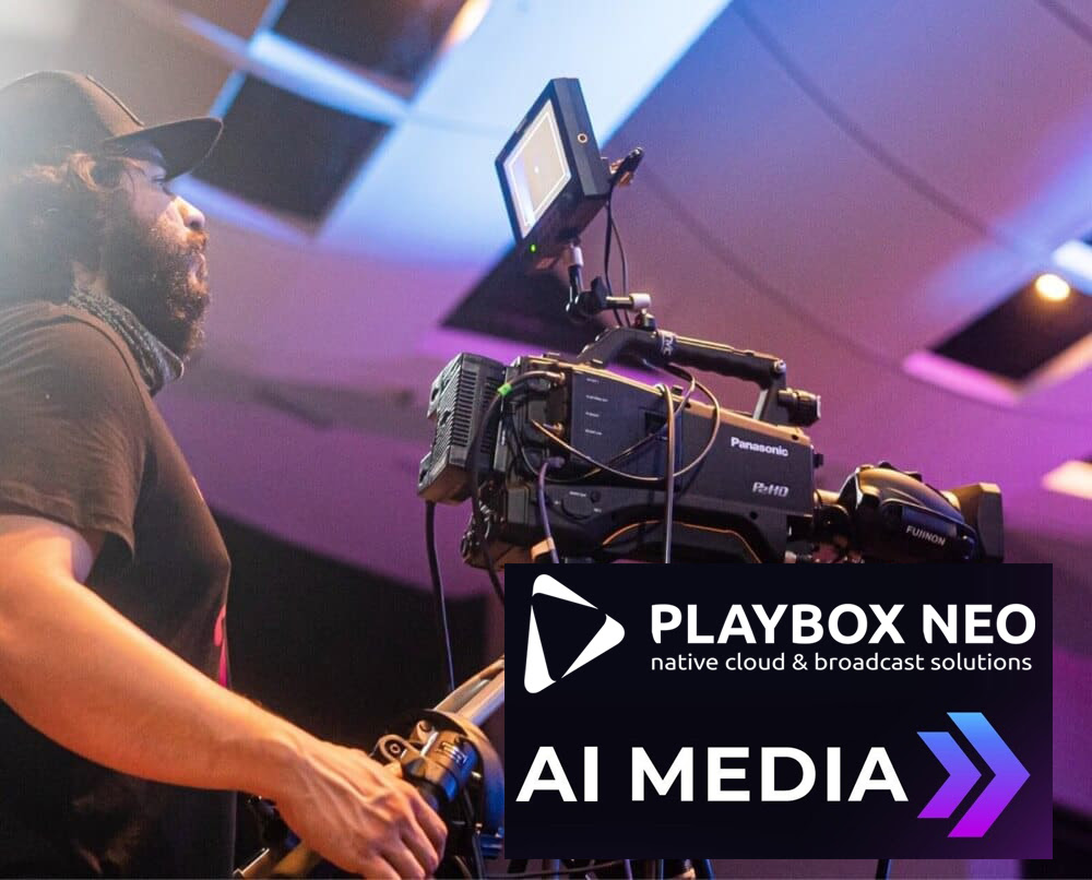 Playbox Neo and AI Media logos along with a man operating a camera