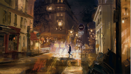 Concept art showing a nostalgic city scene