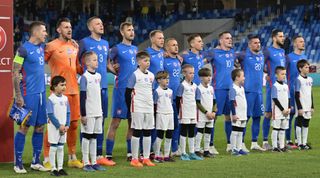 Slovakia team line up during the UEFA EURO 2024 qualifying round group J match between Slovakia and Bosnia and Herzegovina at Tehelne Pole stadium on March 26, 2023 in Bratislava, Slovakia.