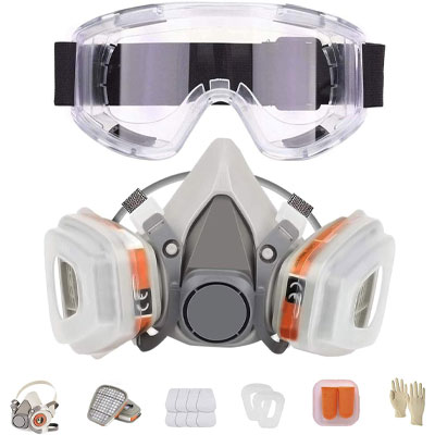 respirator mask and safety goggles