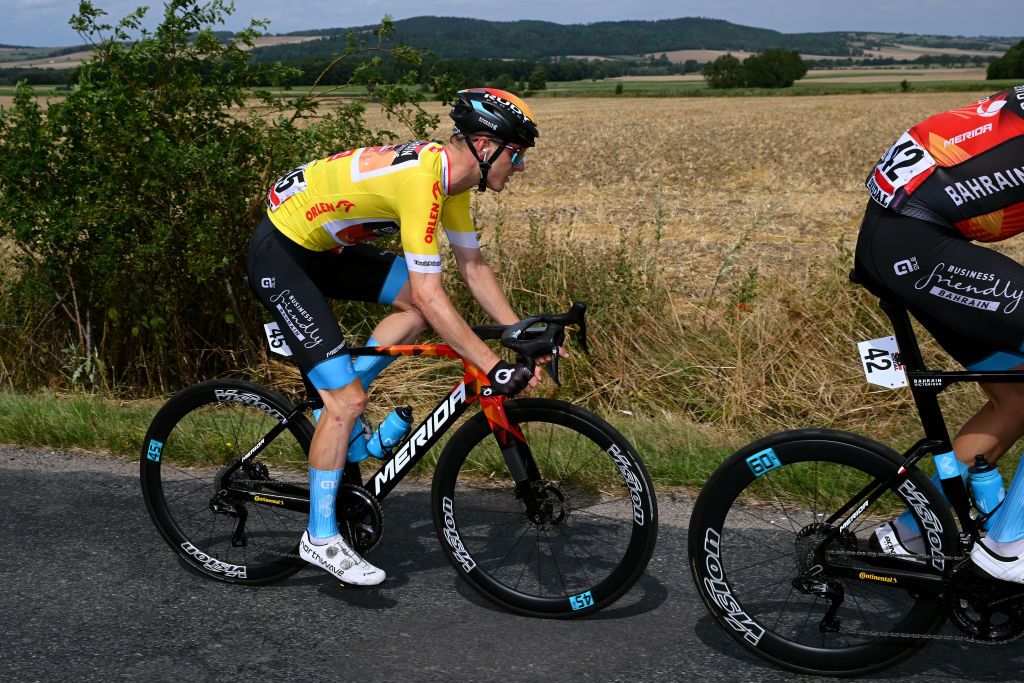 DUSZNIKIZDROJ POLAND JULY 31 Matej Mohori of Slovenia and Team Bahrain Victorious Yellow leader jersey competes during the 80th Tour de Pologne 2023 Stage 3 a 1623km stage from Walbrzych to DusznikiZdroj 668m UCIWT on July 31 2023 in DusznikiZdroj Poland Photo by Dario BelingheriGetty Images