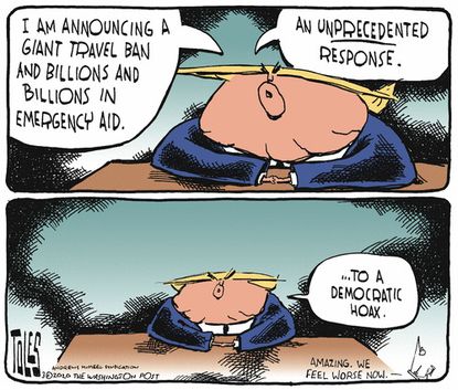 Political Cartoon U.S. Trump Coronavirus Europe travel ban emergency aid hoax