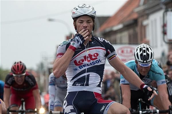 Jurgen Roelandts (Lotto Belisol Team) celebrates his win on stage 1 of Circuit Franco-Belge