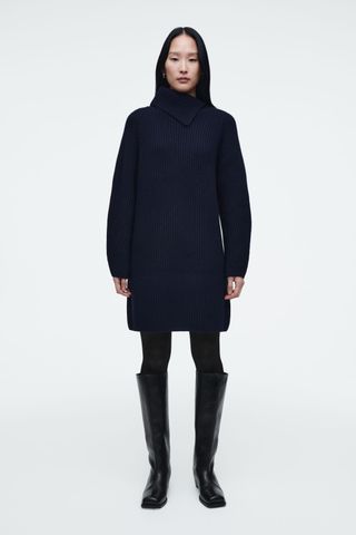 Wrap-Collar Wool Dress