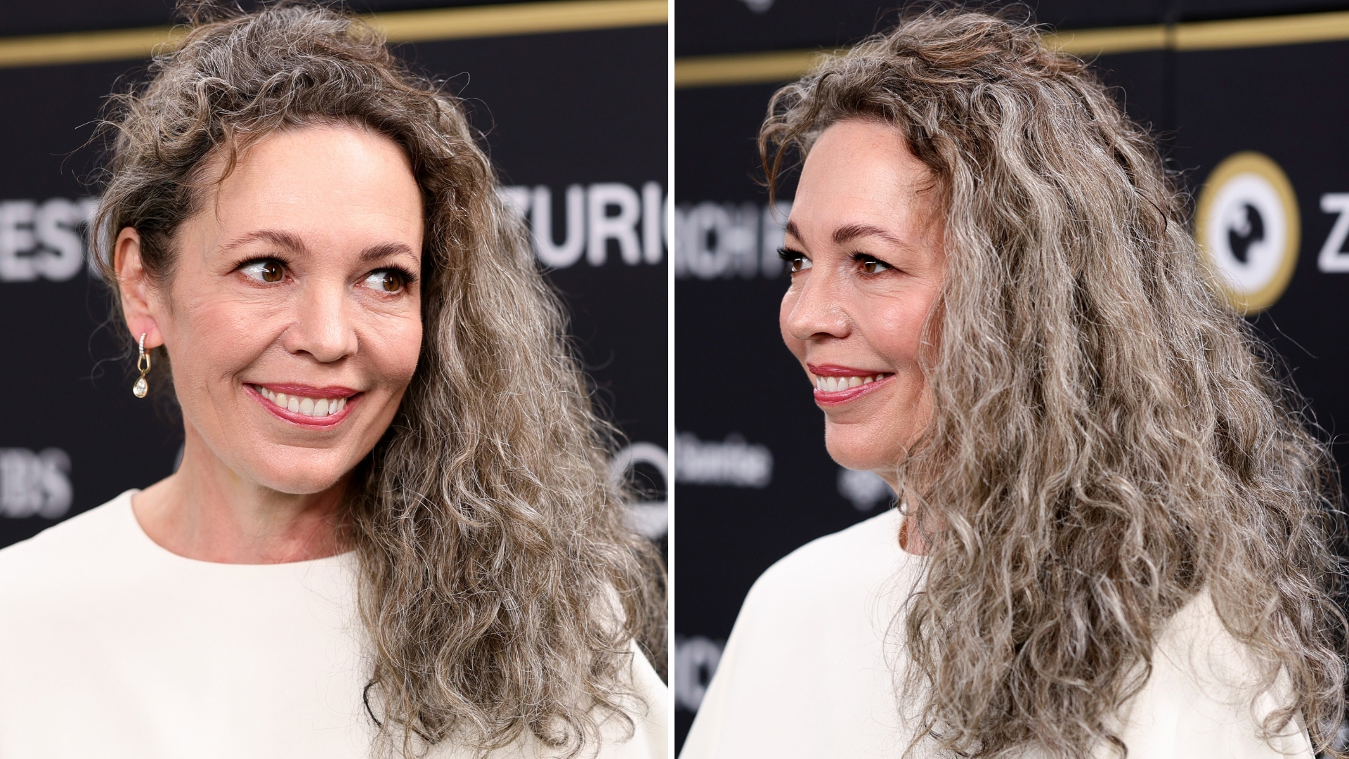 Collage of two images of Olivia Colman's silver curly long hair transformation, including front on and side on