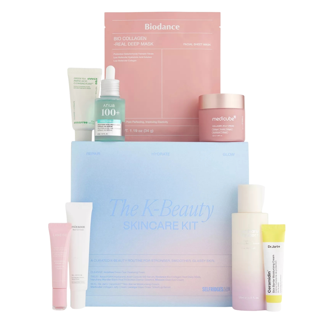 Selfridges The K-Beauty Skincare Kit with its contents in front of it