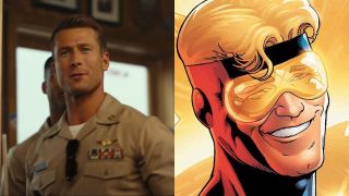 Glen Powell and Booster Gold