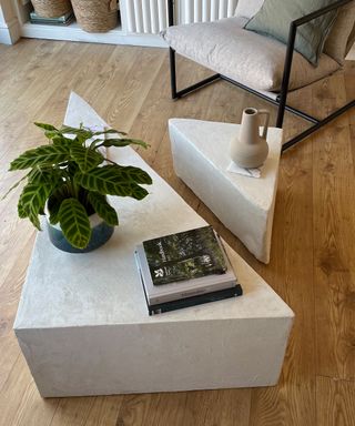 Two triangular DIY coffee tables I made styled together with a prayer plant and a pile of black and gray books