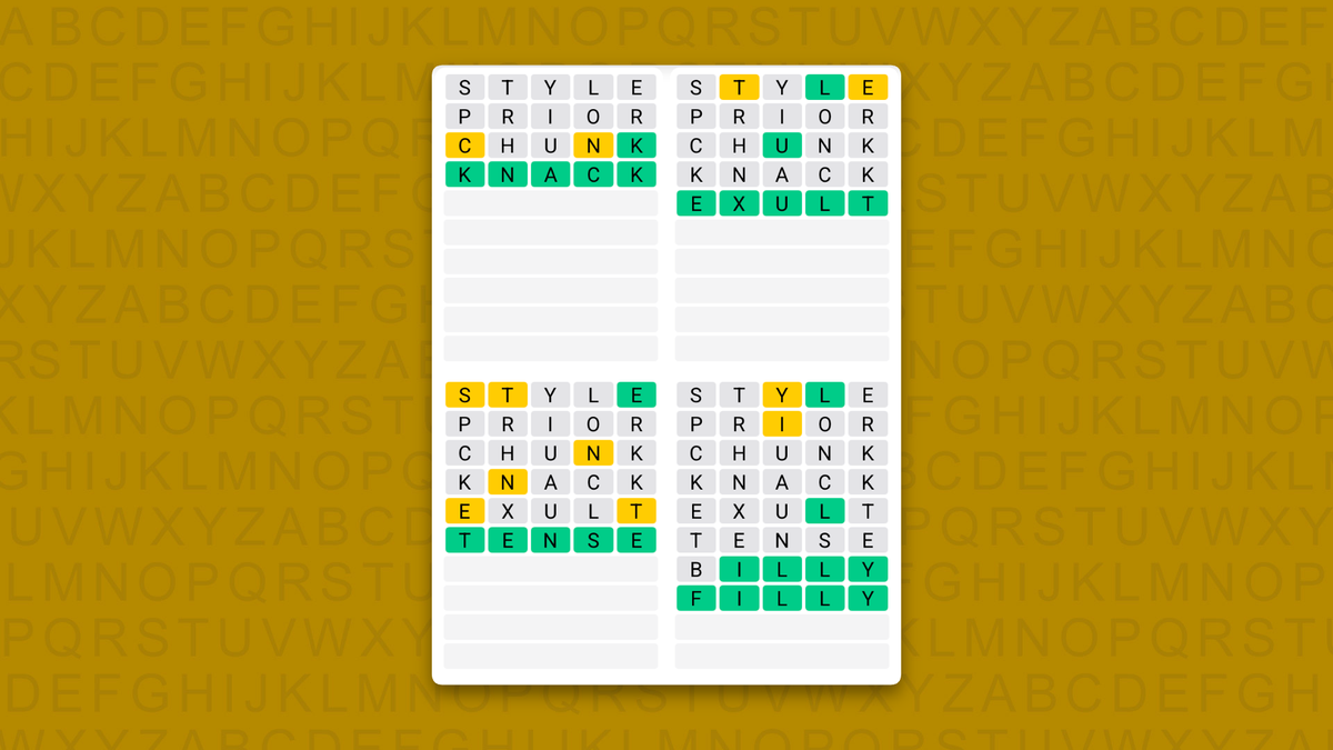 Quordle Daily Sequence answers for game 1718 on a yellow background