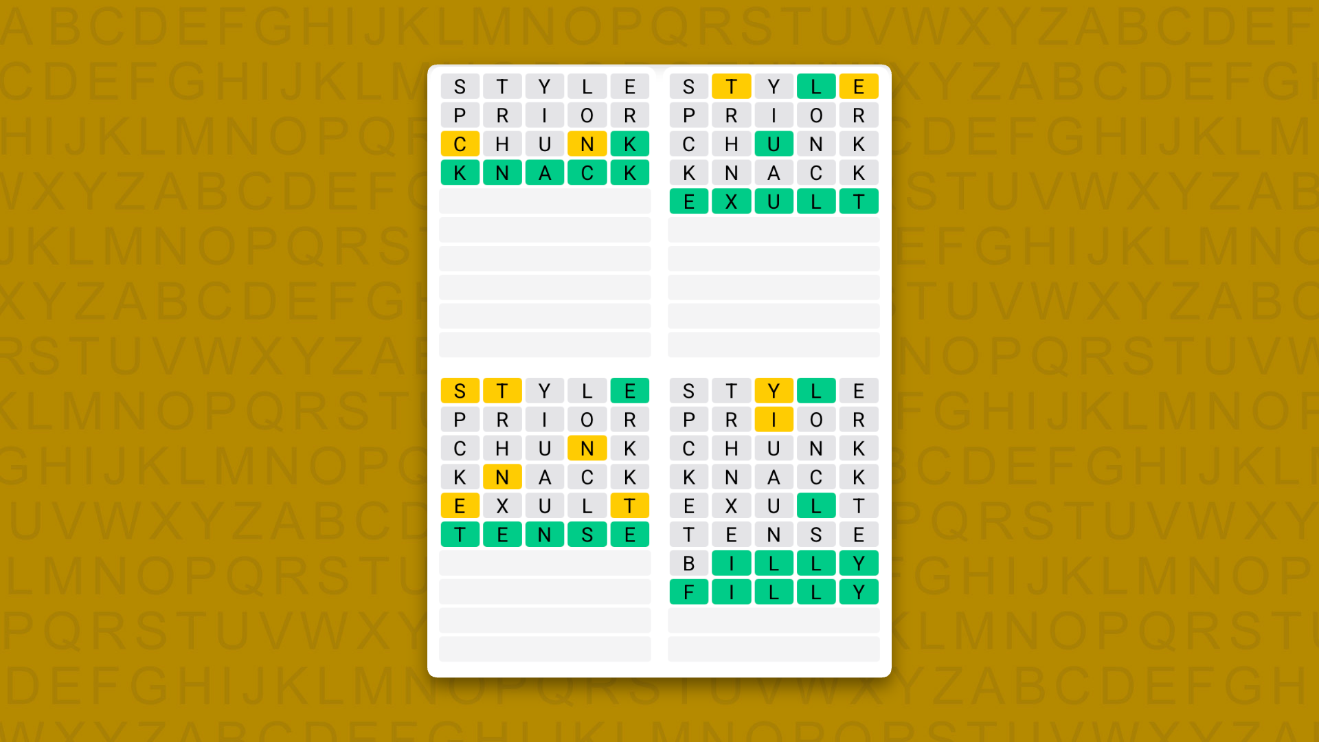 Quordle Daily Sequence answers for game 1718 on a yellow background