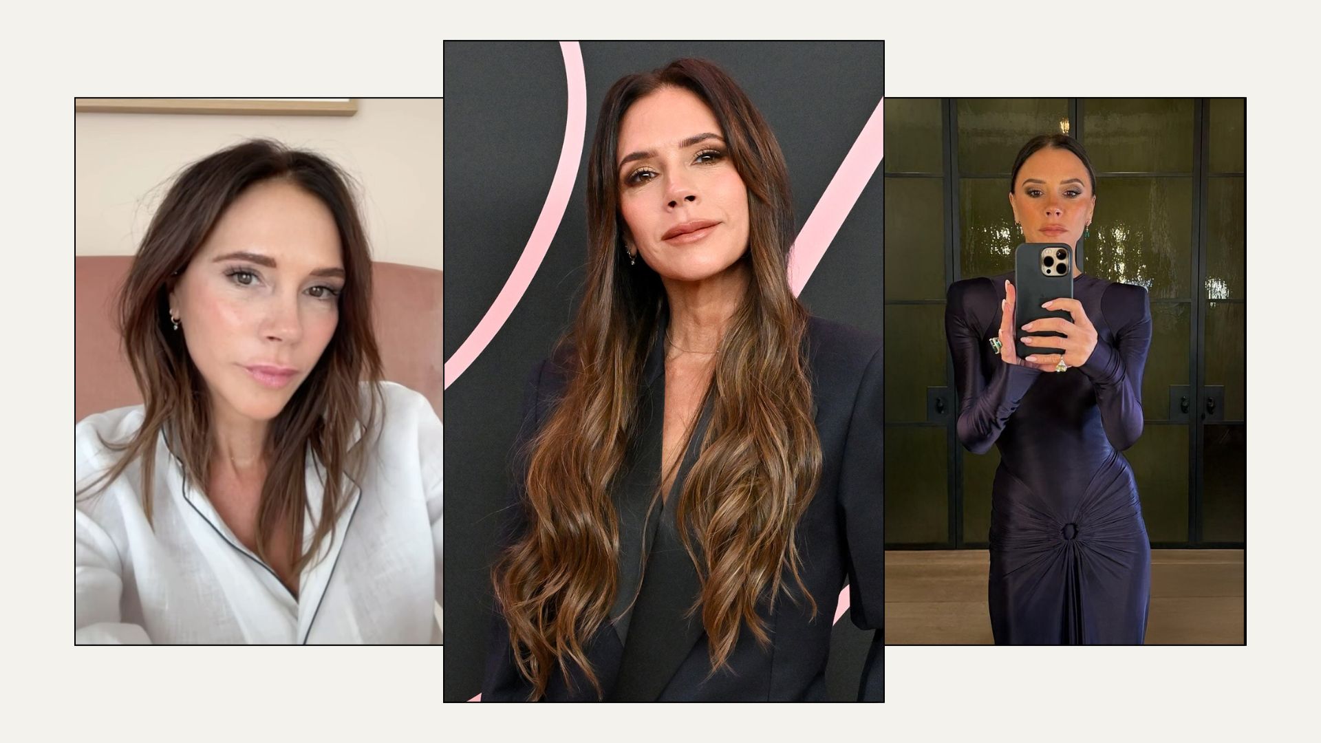 Collage with pictures of Victoria Beckham with long hair