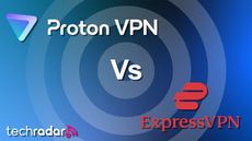 Proton VPN versus ExpressVPN on a blue background