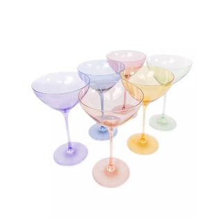 Six colorful martini glasses in purple, pink, and green shades