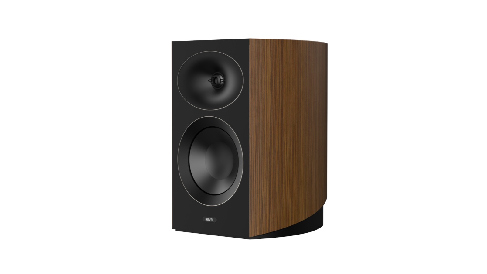 Revel Performa4 M146 standmount speaker on a white background in a walnut finish