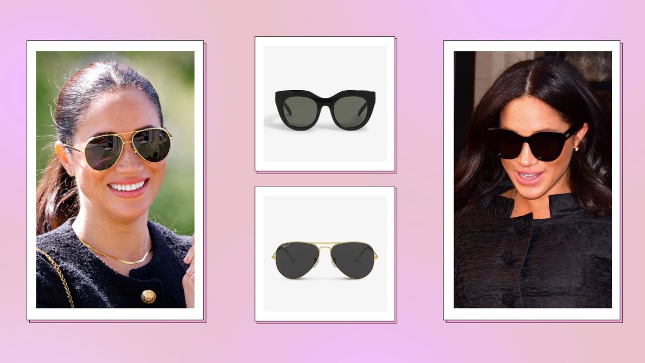 Meghan Markle&#039;s sunglasses: Meghan pictured wearing gold aviator-style sunglasses and black cat-eye sunglasses alongside product stills of sunglasses from LE SPECS and Ray-Ban/ in a pink and purple template