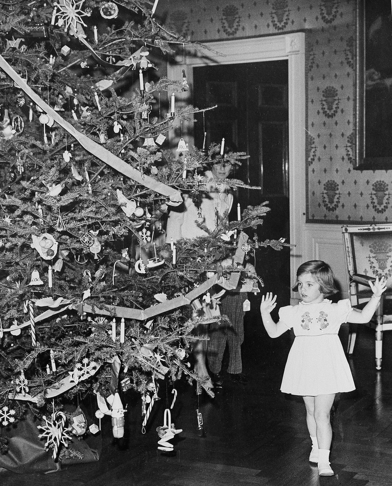 The Christmas tree in the White House Blue Room gets Caroline Kennedy&amp;#039;s attention, Dec. 13, 1961.