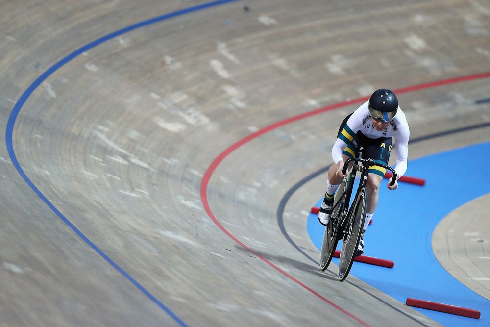 Kaarle McCulloch of Australia competes in the Women's Sprint Qualifying on day two of the UCI Track Cycling World Championships