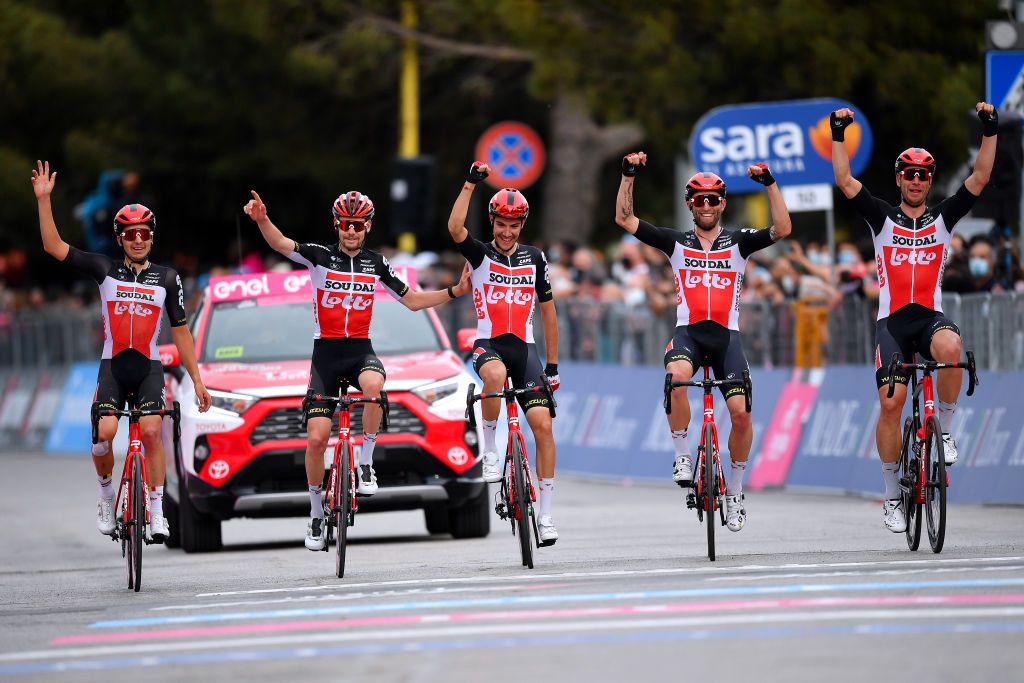 Lotto Soudal teammates celebrate Caleb Ewan&#039;s victory on stage 7 of the Giro d’Italia