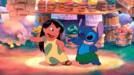 Lilo and Stitch hula dancing during one of the best Disney movies, Lilo & Stitch.