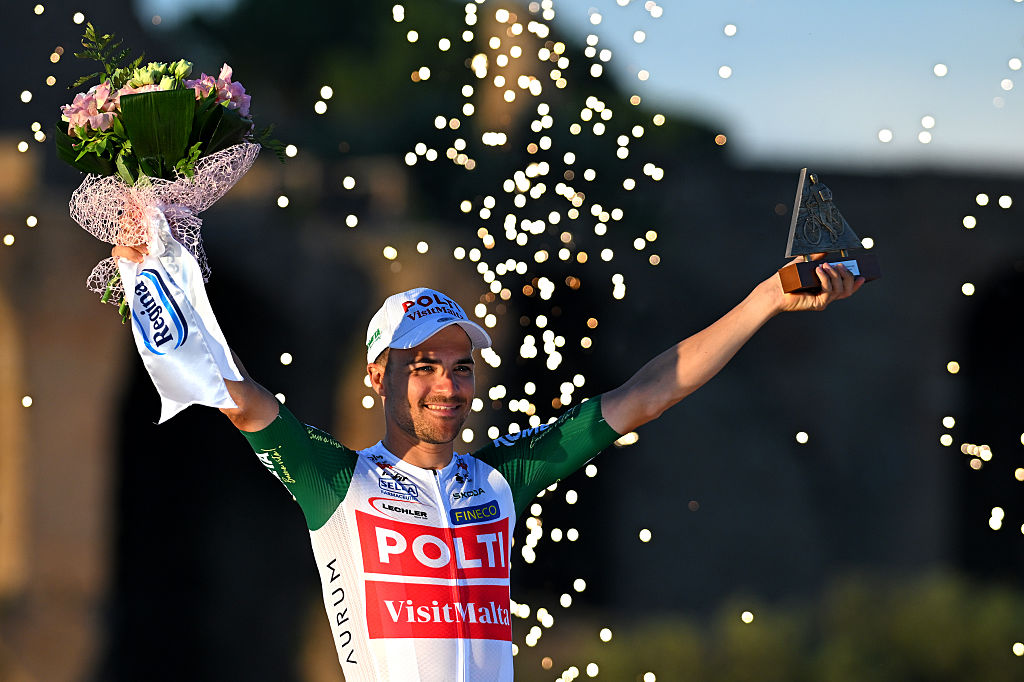 ROME, ITALY - MAY 31: Diego Pablo Sevilla of Spain and Team Polti VisitMalta celebrates at podium final Breakaway Classification prize winner during the 109th Giro d&amp;amp;apos;Italia 2026, Stage 21 a 131km stage from Rome to Rome 1289m / #UCIWT / on May 31, 2026 in Rome, Italy. (Photo by Tim de Waele/Getty Images)