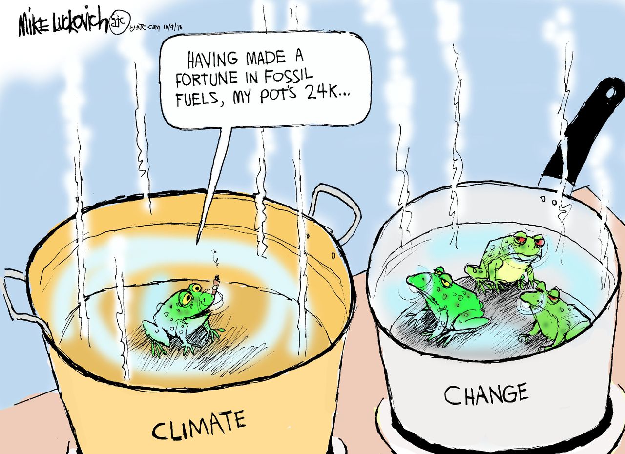 Political cartoon U.S. fossil fuels money gold climate change frogs stove