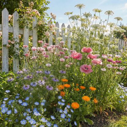 Spring-sown hardy annuals growing in a sunny garden flowerbed