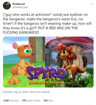 Pocklecool (@instant_grat): "guy who works at activision voice: put eyeliner on the kangaroo. make the kangaroo's waist tiny. no, tinier!! if the kangaroo isn't wearing make-up, how will they know it's a girl?! PUT A RED WIG ON THE FUCKING KANGAROO" A promotional image for Spyro: Reignited Trilogy featuring a plain-looking kangaroo next to a red-haired kangaroo matching the tweet's description.