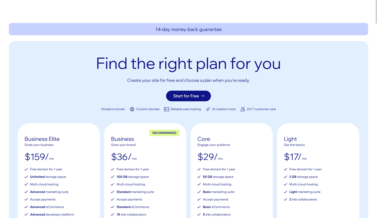 Wix pricing