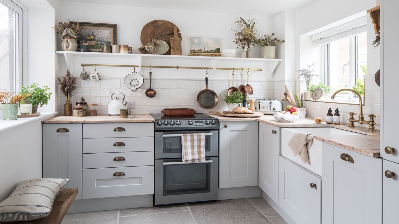 kitchen with white wall and grey cabinets