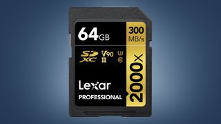 The Lexar 2000x SD card on a blue background