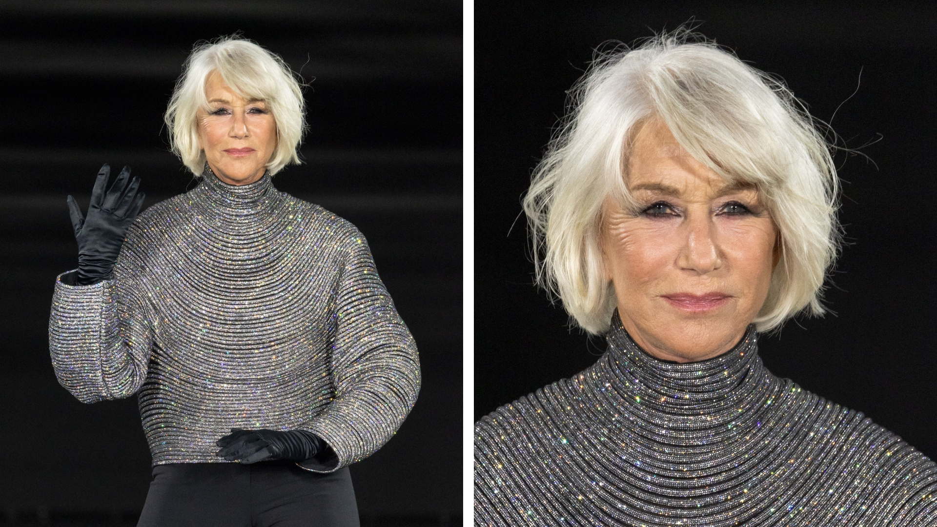 On the left Helen Mirren is pictured with a tousled bob hairstyle and wearing a glittery silver top and black trousers whilst walking the runway during the Le D&amp;eacute;fil&amp;eacute;. Libert&amp;eacute;, Egalit&amp;eacute;, Sororit&amp;eacute; &amp;quot;You&#039;re Worth It&amp;quot; L&#039;Or&amp;eacute;al Paris Womenswear Spring/Summer 2026 show as part of Paris Fashion Week at Hotel de Ville on September 29, 2025 in Paris, France. And on the right, is a close-up picture of Helen Mirren, taken at the same moment, showcasing her tousled &#039;French&#039; style bob hair look.