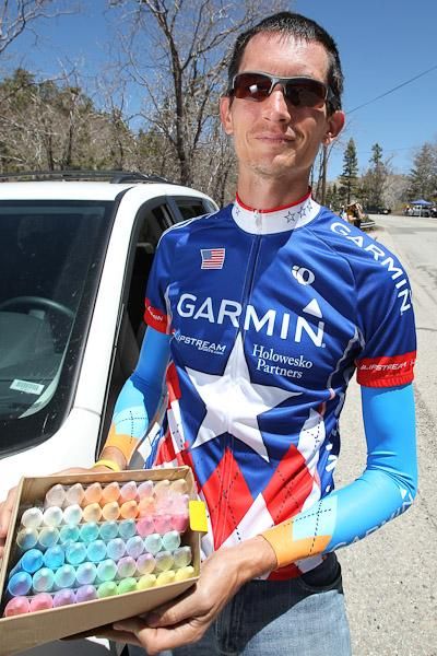 Eugen Bonthuys is South African, lives in the Cayman Islands, and flew to the Tour of California to chalk his support for Garmin-Transitions.