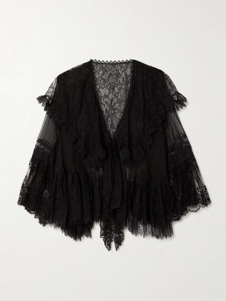 Lace-Trimmed Embroidered Silk-Chiffon Blouse