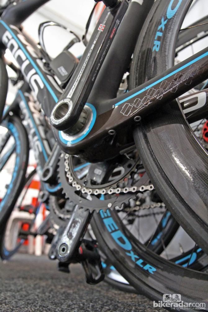 Ag2R-La Mondiale's Focus Izalco frames feature a Shimano Di2 battery mount on the underside of the chain stay but it goes unused in this case since the team is using Campagnolo.