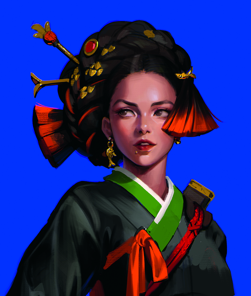 Colourful digital art showing a woman dressed in traditional Korean costume