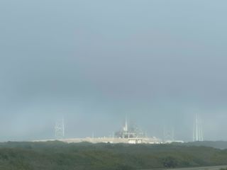 An early-morning view of the Artemis 1 rocket on the launch pad taken on March 18, 2022, by Space.com senior writer Chelsea Gohd.