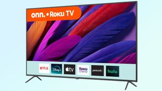 Walmart onn 65-inch 4k Roku smart TV on a blue background