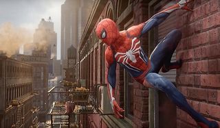 spider-man hangs from building wall ps4 game