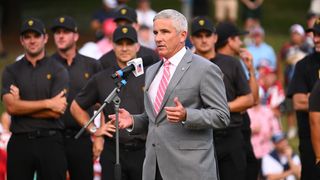 Jay Monahan speaks at the trophy ceremony after the 2022 Presidents Cup