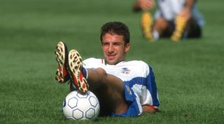 10 October 1997 Rome, Alessandro Del Piero relaxes with his feet up during the Italy Football squad training session. (Photo by Mark Leech/Offside via Getty Images)