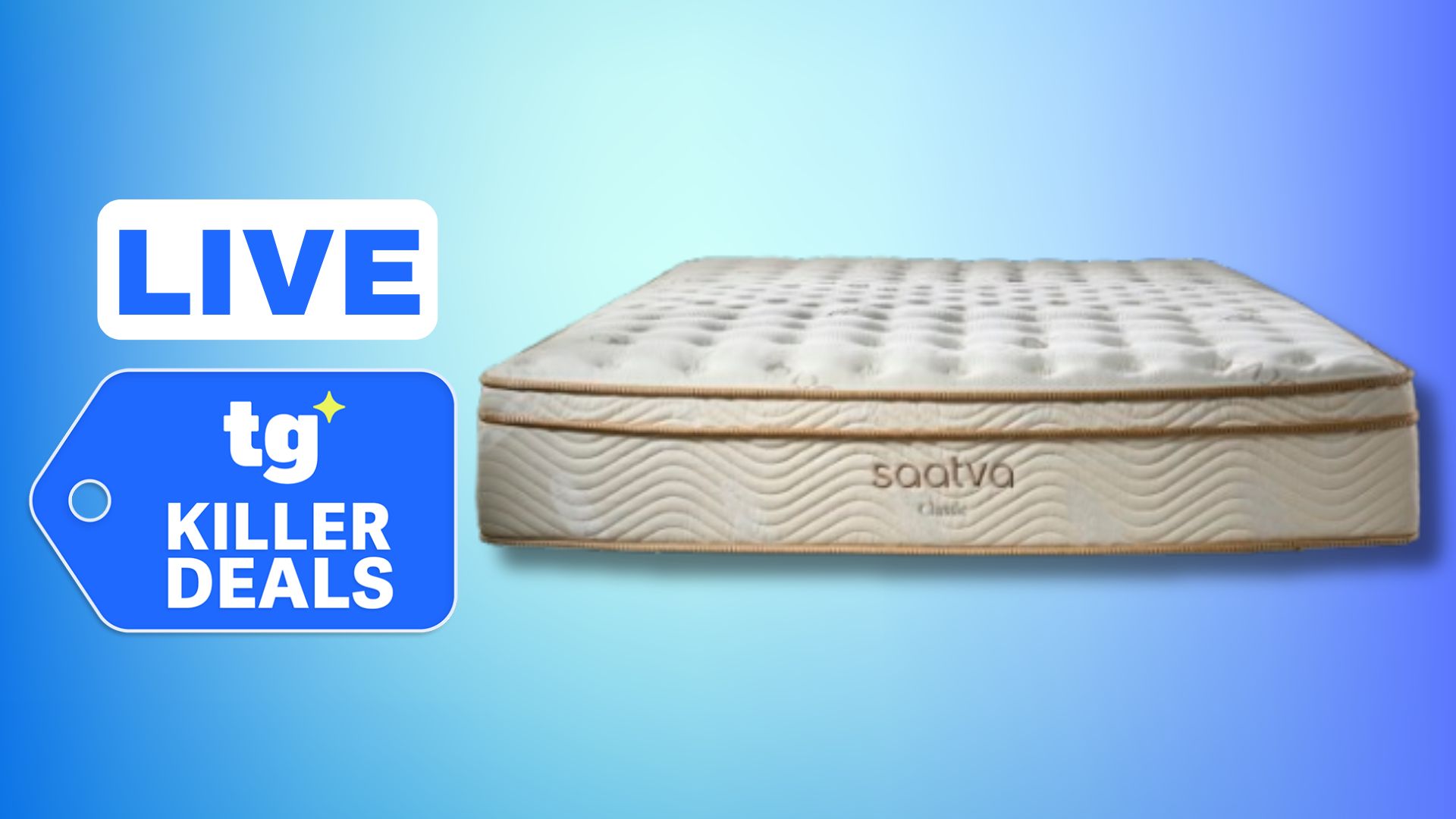A cut-out of the Saatva Classic Mattress on a gradient background. To the mattress's left, there is a DEALS badge and a LIVE badge to signify that we're tracking the Memorial Day sale live.