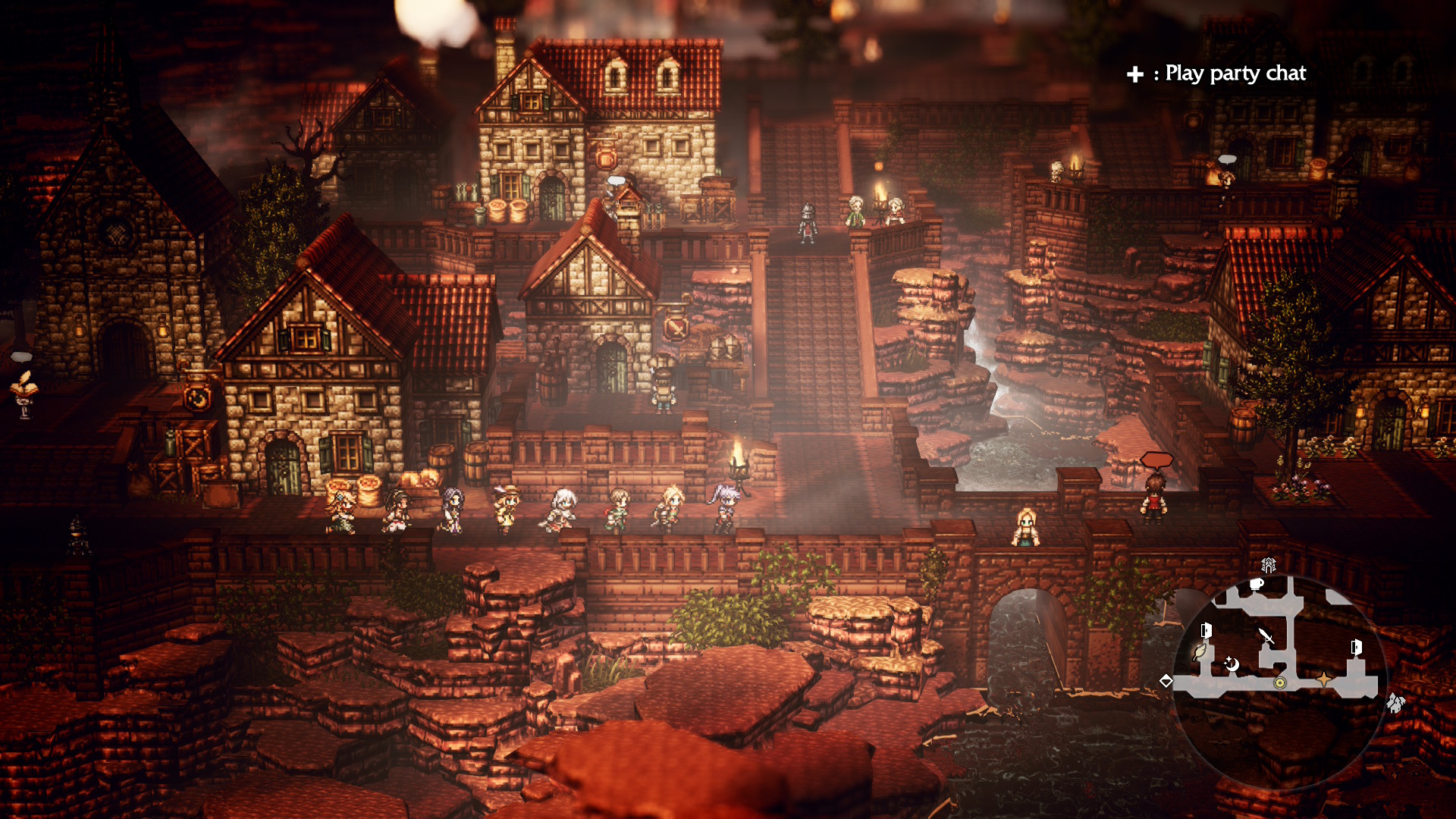 Octopath Traveler 0 wandering through a craggy town