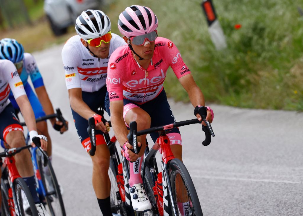 Overall leader Team Treks Spanish rider Juan Pedro Lopez rides during the 7th stage of the Giro dItalia 2022 cycling race 196 kilometers between Diamante and Potenza southwestern Italy Photo by Luca Bettini AFP Photo by LUCA BETTINIAFP via Getty Images