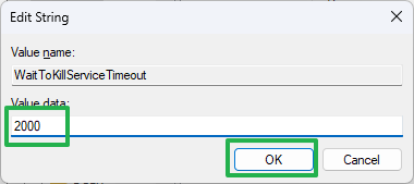 set waittokillservicetimeout to 2000
