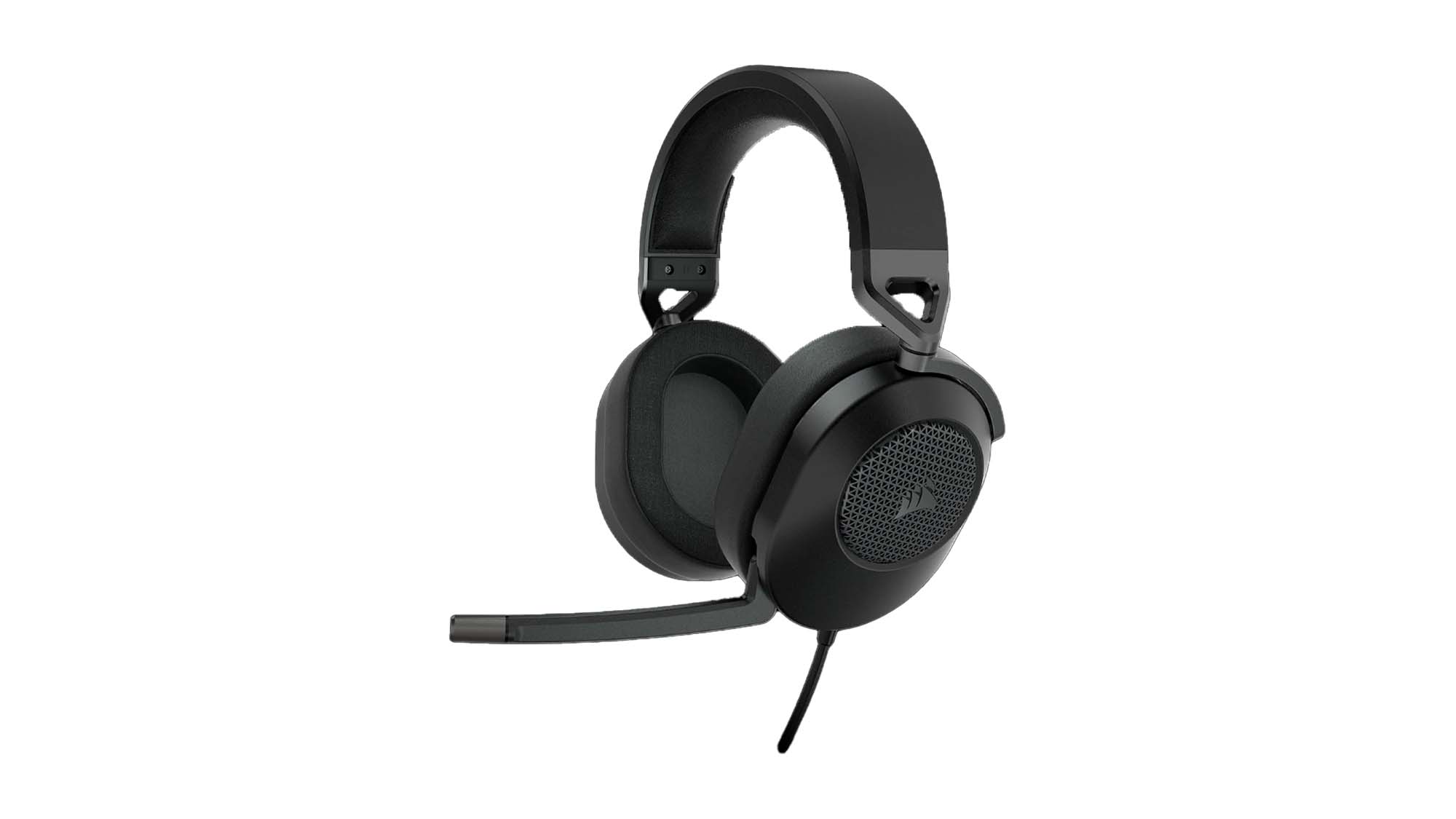 A Corsiar HS65 Surround gaming headset against a white background