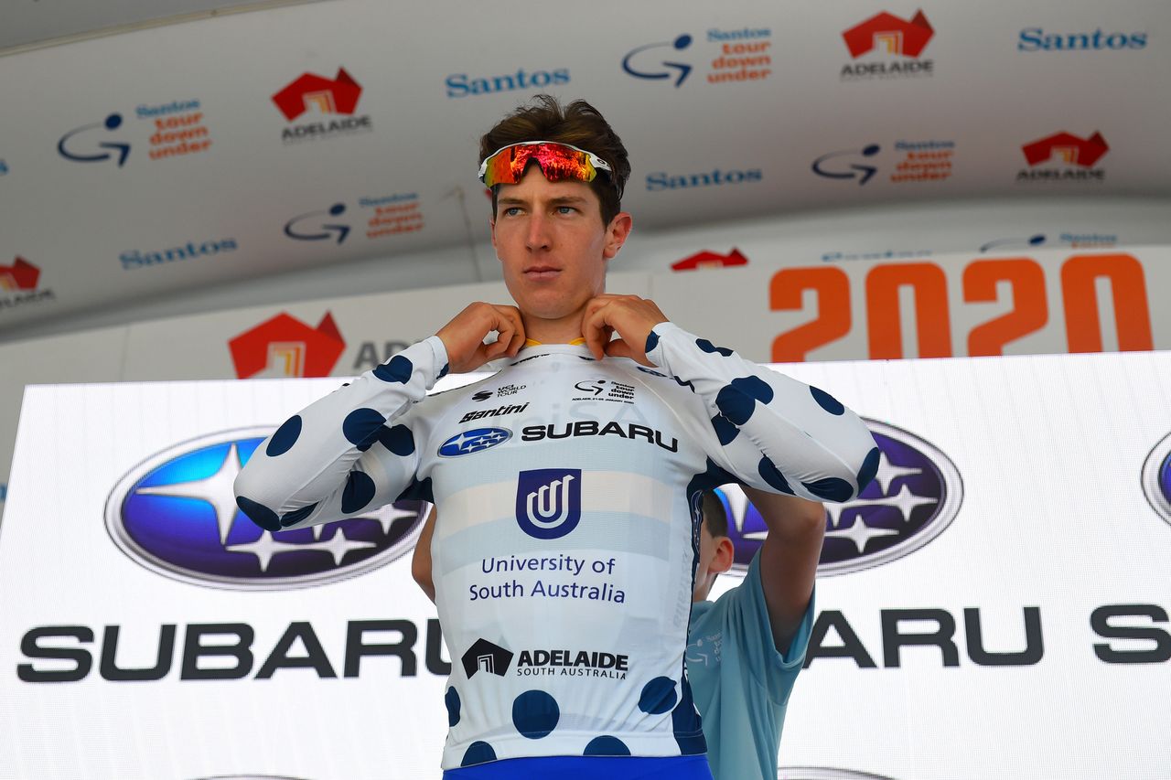 Jarrad Drizners in the mountains jersey after stage 1 at the Tour Down Under