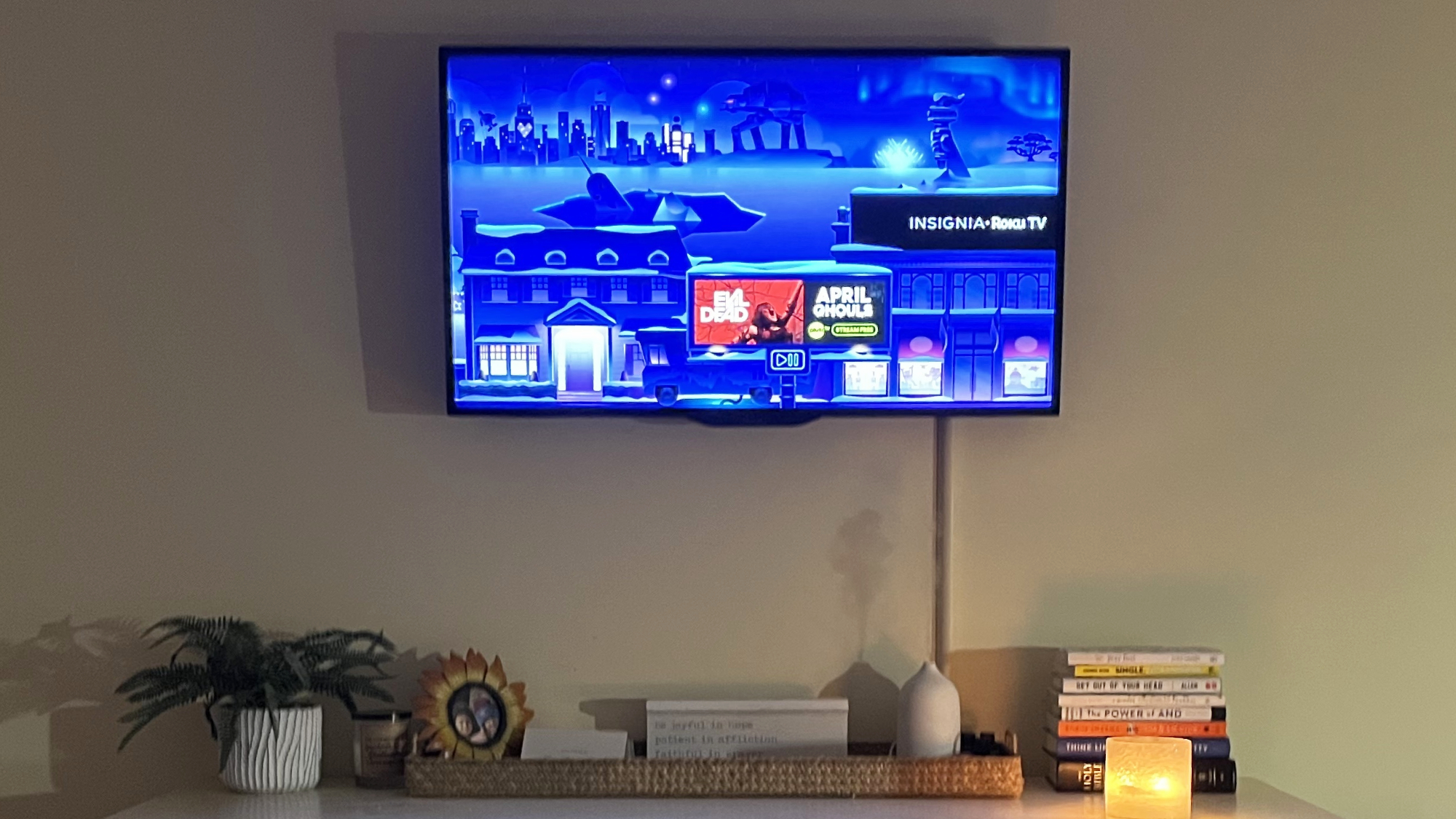 Roku City displays on bedroom smart TV