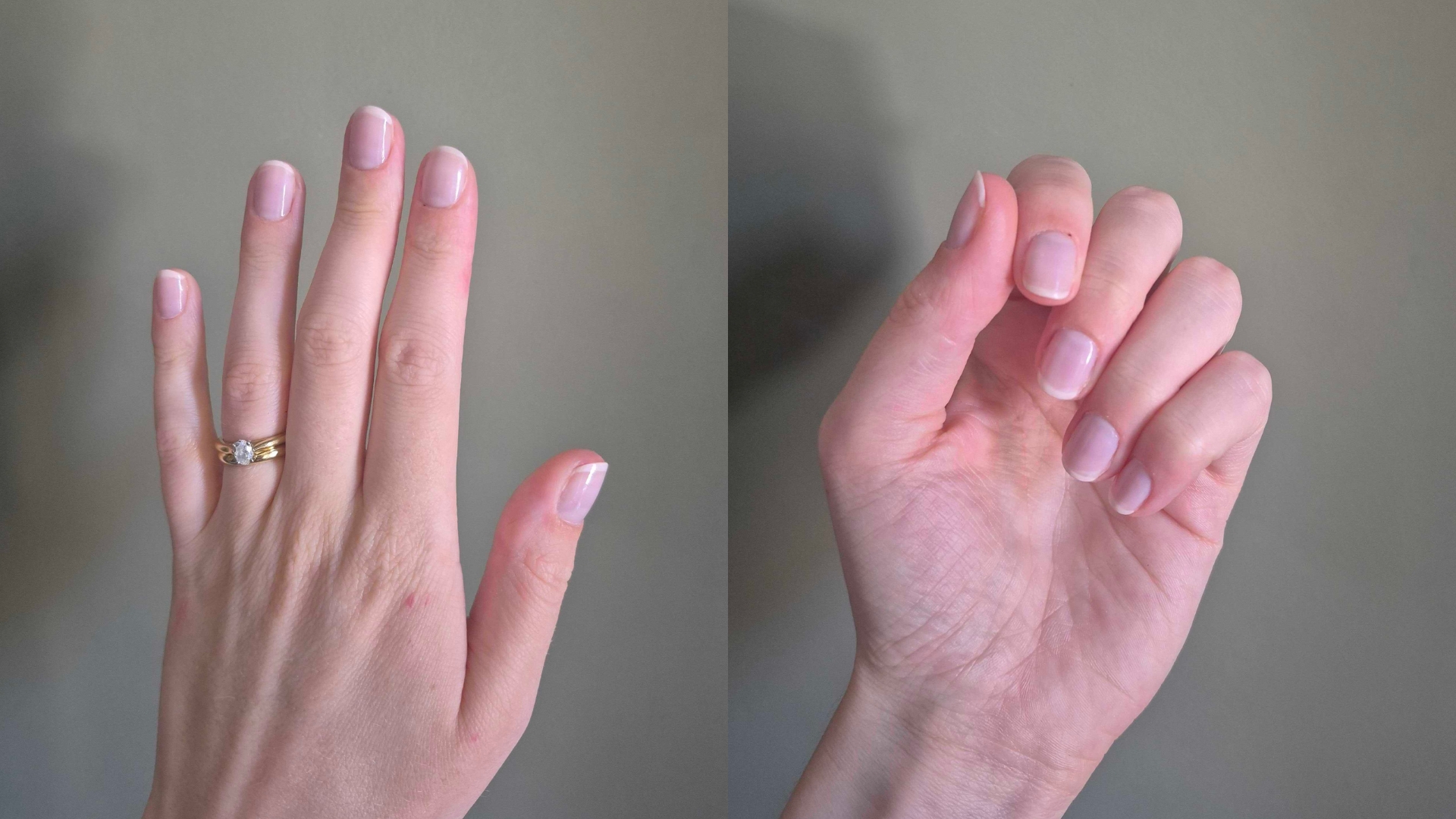 Two close-ups of Digital Beauty Writer, Naomi Jamieson's hands, which feature a short and subtle French tip manicure
