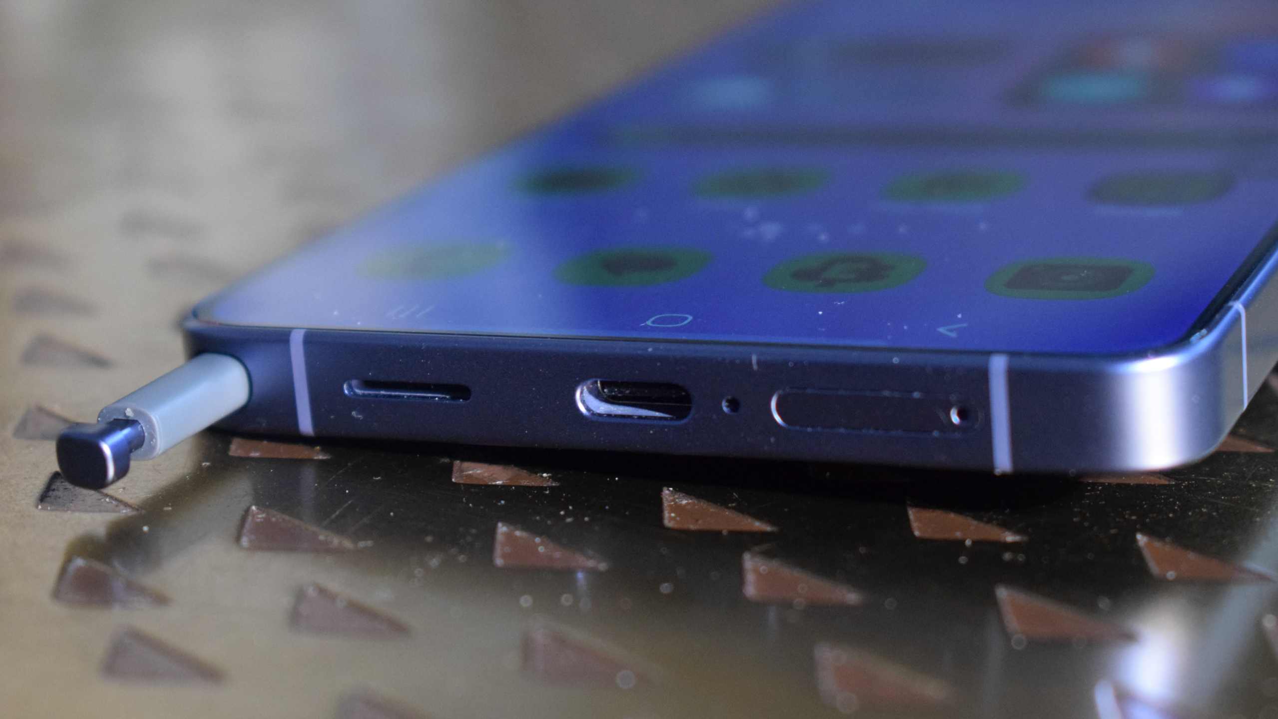 The Samsung Galaxy S26 Ultra's port, with the stylus slightly protruding.