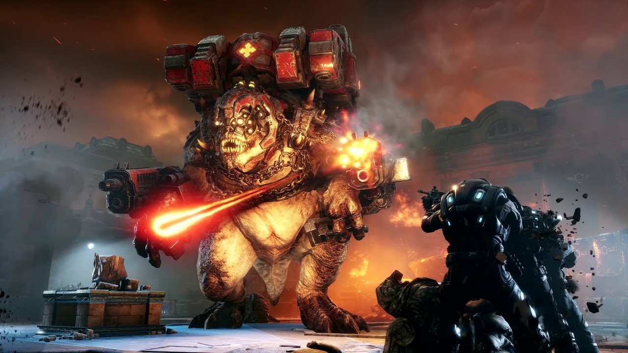 En kjempemessig fiende med våpen på ryggen i spillet Gears Tactics for Xbox Series X.